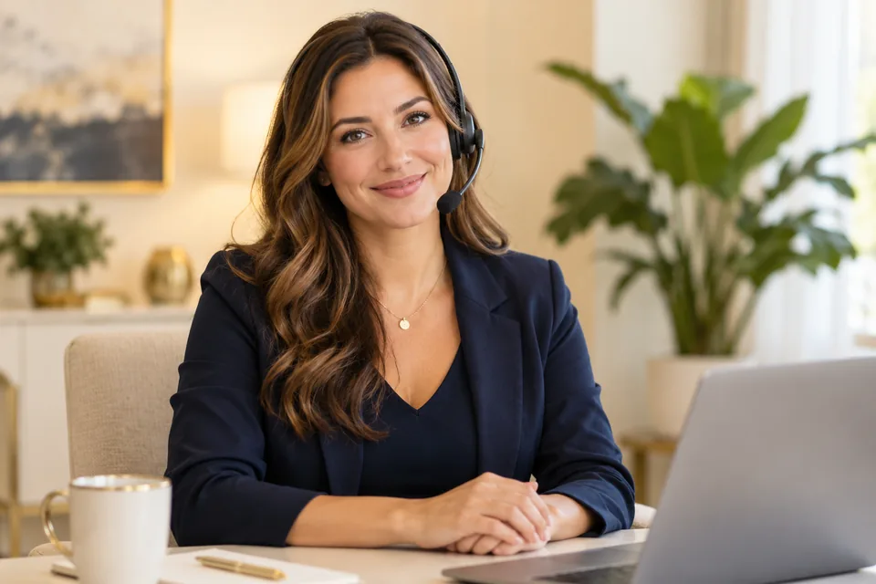 Illustrative female call agent wearing a headset at a desk