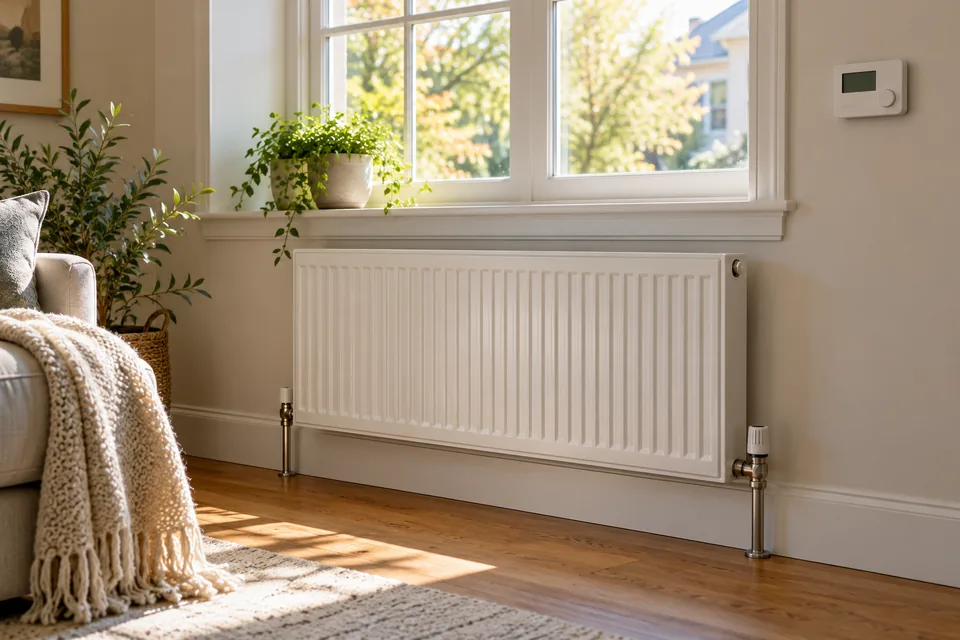 Illustrative white hot-water radiator below a window beside a wall thermostat