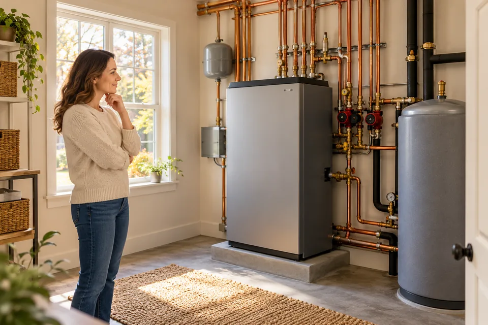 Illustrative homeowner standing beside an enclosed residential heating boiler and copper pipework