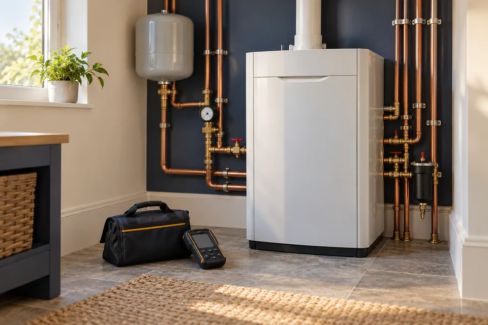 Illustrative enclosed residential boiler with inspection equipment and a tool bag nearby